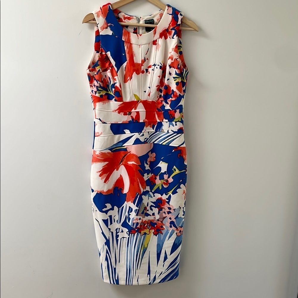 Gabby Skye floral sleeveless pencil midi dress 8 white blue red bodycon summer